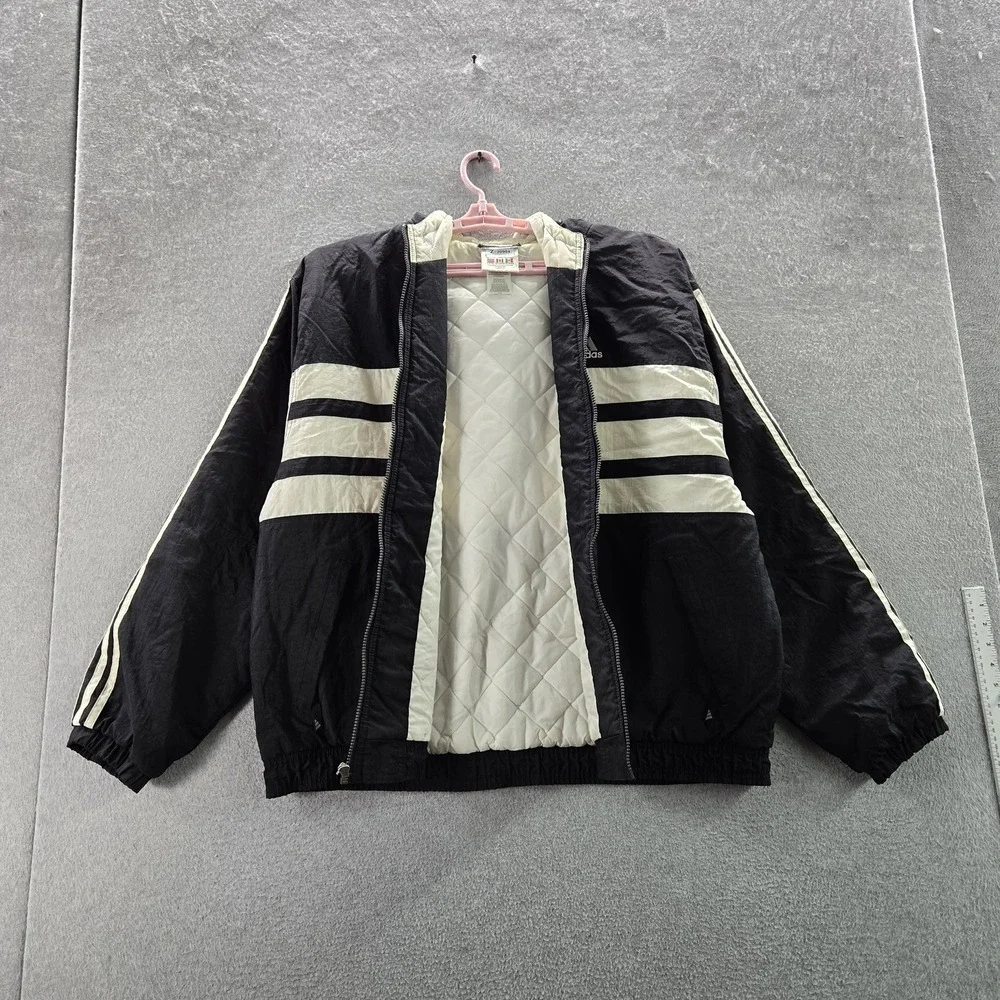 VINTAGE Adidas Men Jacket XL Black 90s Nylon Striped Activewear Zipper READ